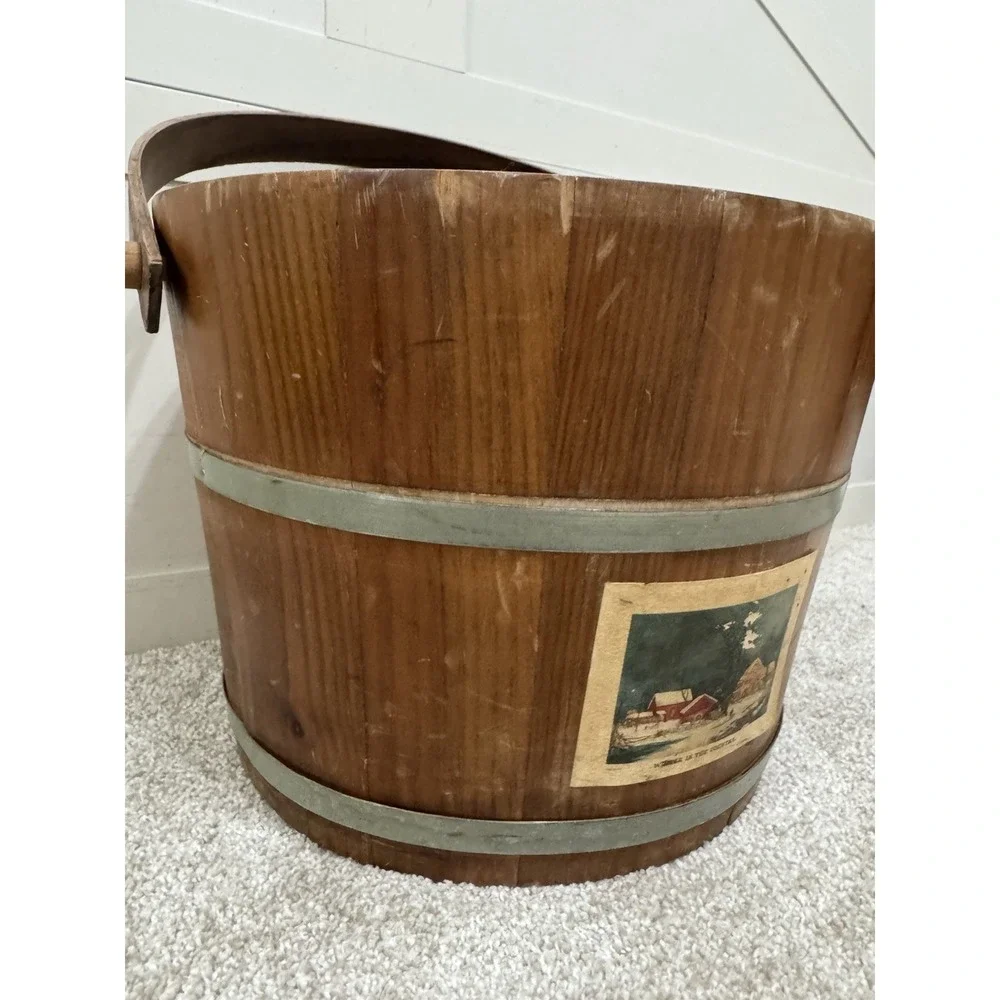 Antique PRIMITIVE Vintage Wooden Bucket w/ Swing Handle 2 Metal Bands Christmas